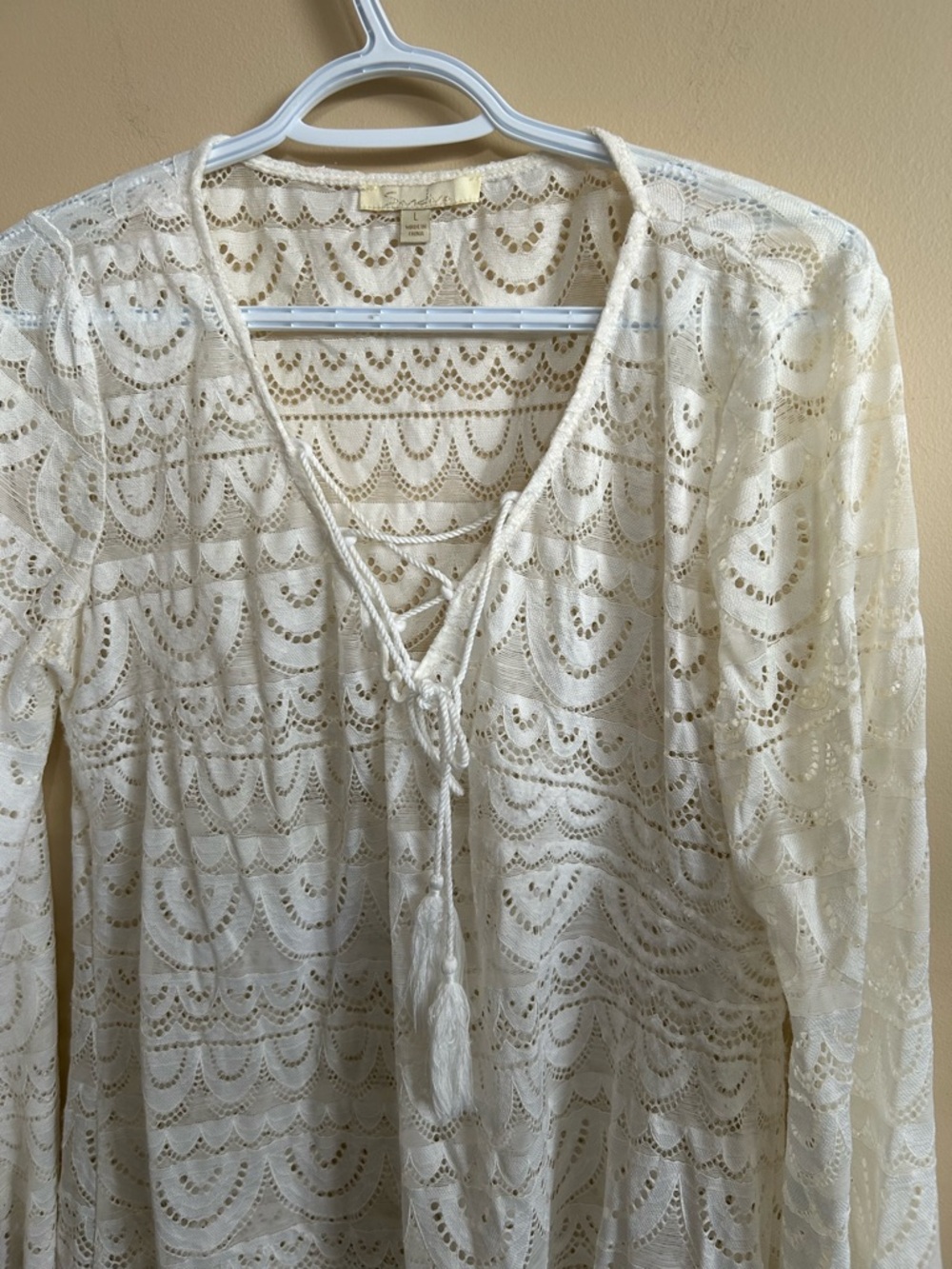 Cream Lace stretch Tunic Swim Cover-Up with Tassel Tie and scalloped edges - Picture 3 of 7
